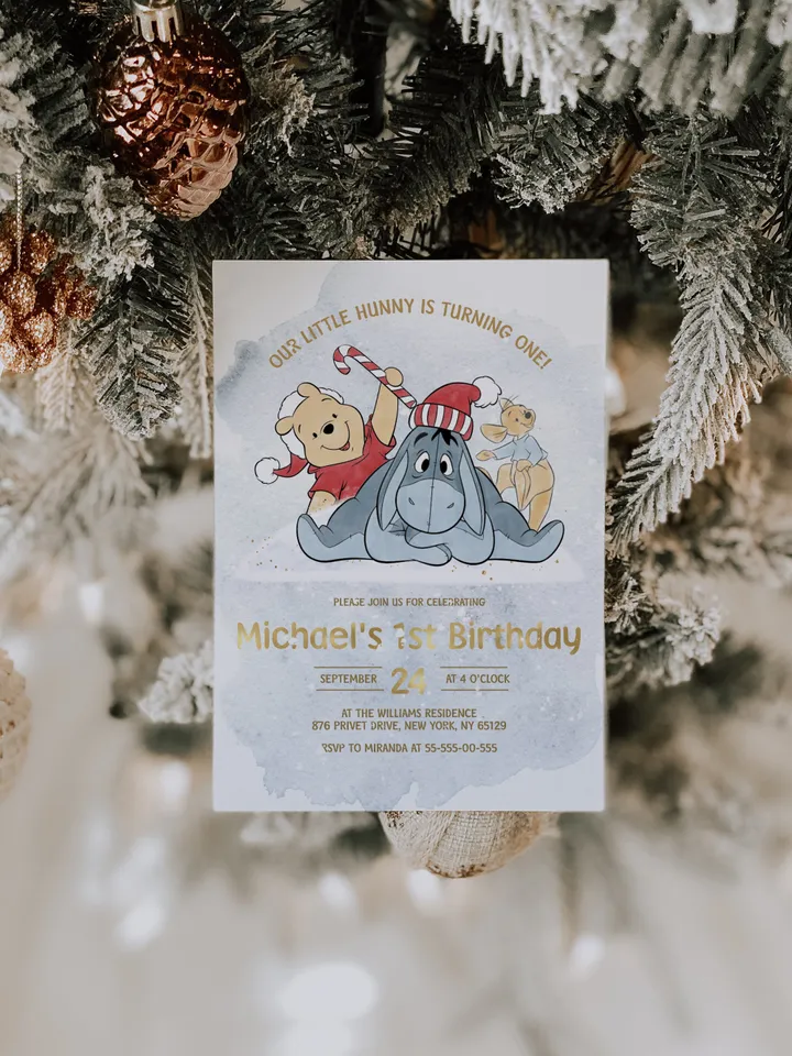 Christmas Winnie Pooh Baby Birthday Invitation; Winnie Pooh Baby Birthday ; Winter Baby Birthday; Honey Bear Birthday; Winnie Pooh xpooh1