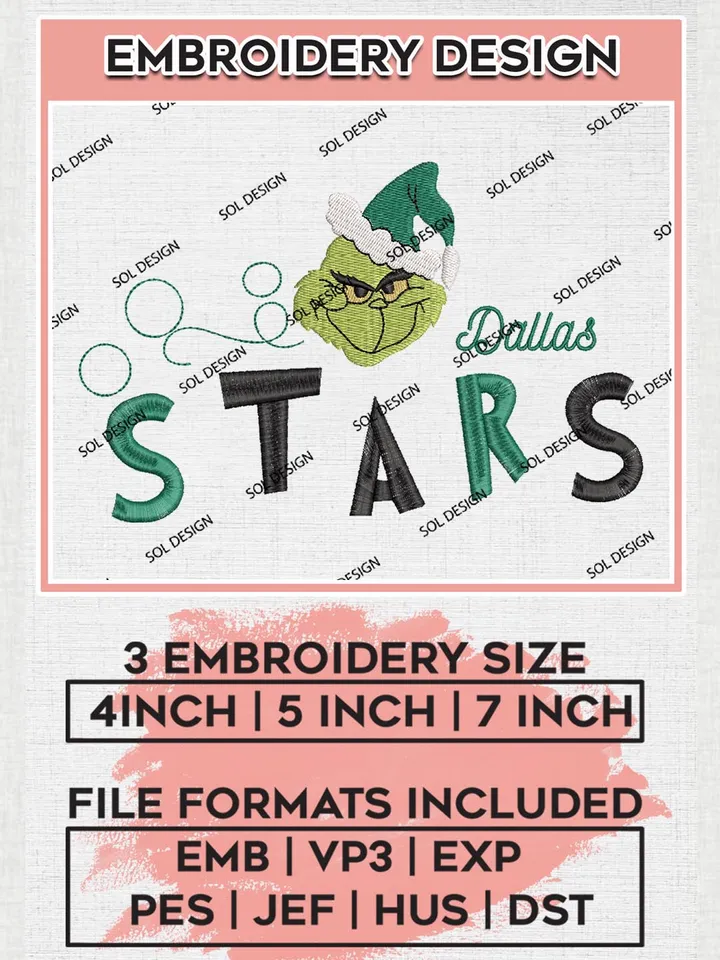 Grinch Dallas Stars Embroidery Designs, Grinch Christmas Embroidery Files, NHL Stars Machine Embroidery Designs, NHL Dallas Stars Logo, NHL Christmas Machine Embroidery Design, Digital Download