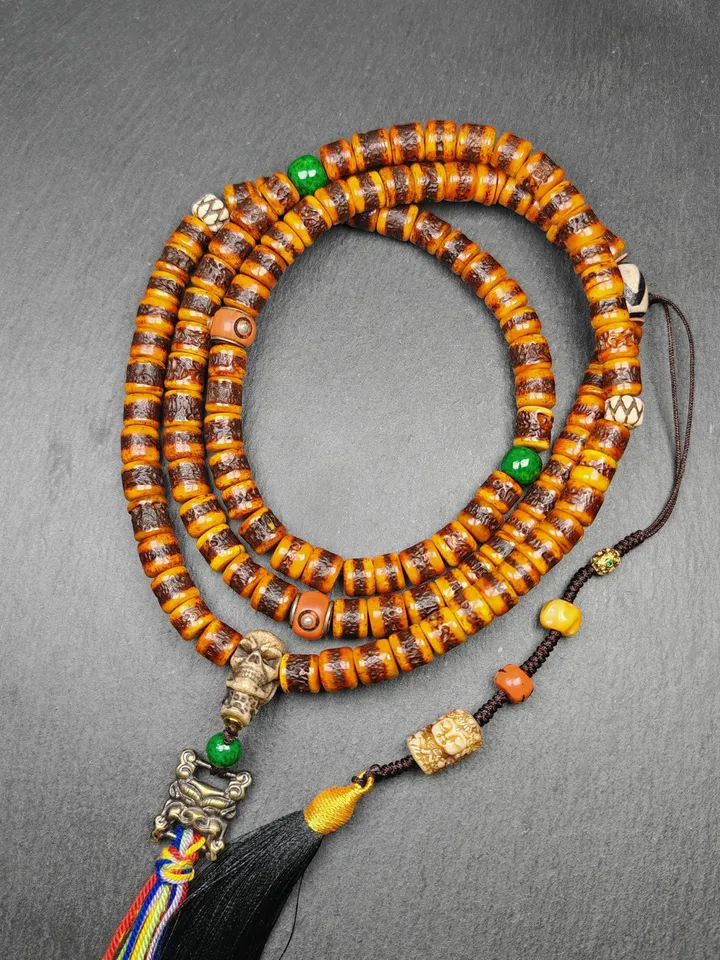 Gandhanra Old Tibetan Rosary, 10mm Yak Bone Kapala Mala,Traditional 108 Prayer Beads for Meditation and Prayer,20 Inches Length