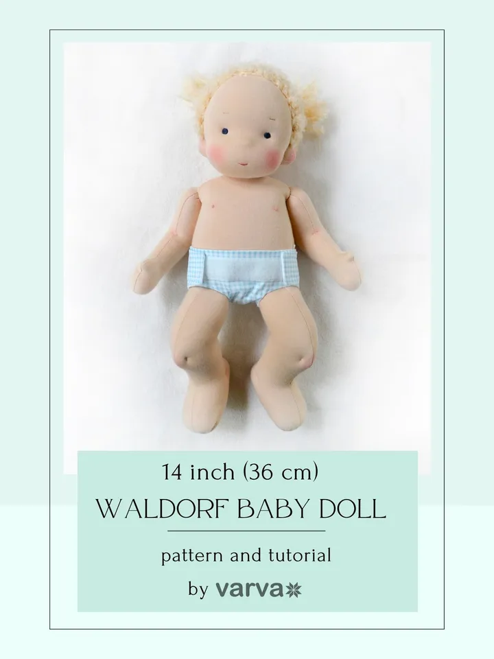 DIY Waldorf Baby doll 14 inch (36 cm) tall. PDF sewing pattern and tutorial. Patterns of doll clothes as bonus!