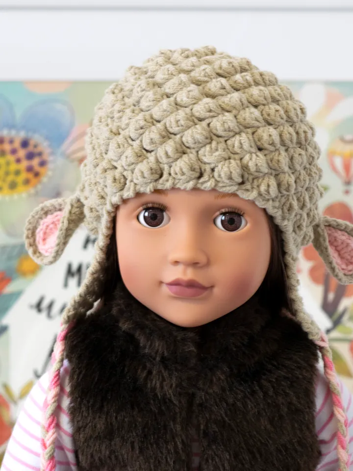 Crocheted lamb hat for 18″ American girl doll (AG doll) and Our Generation doll (OG doll)