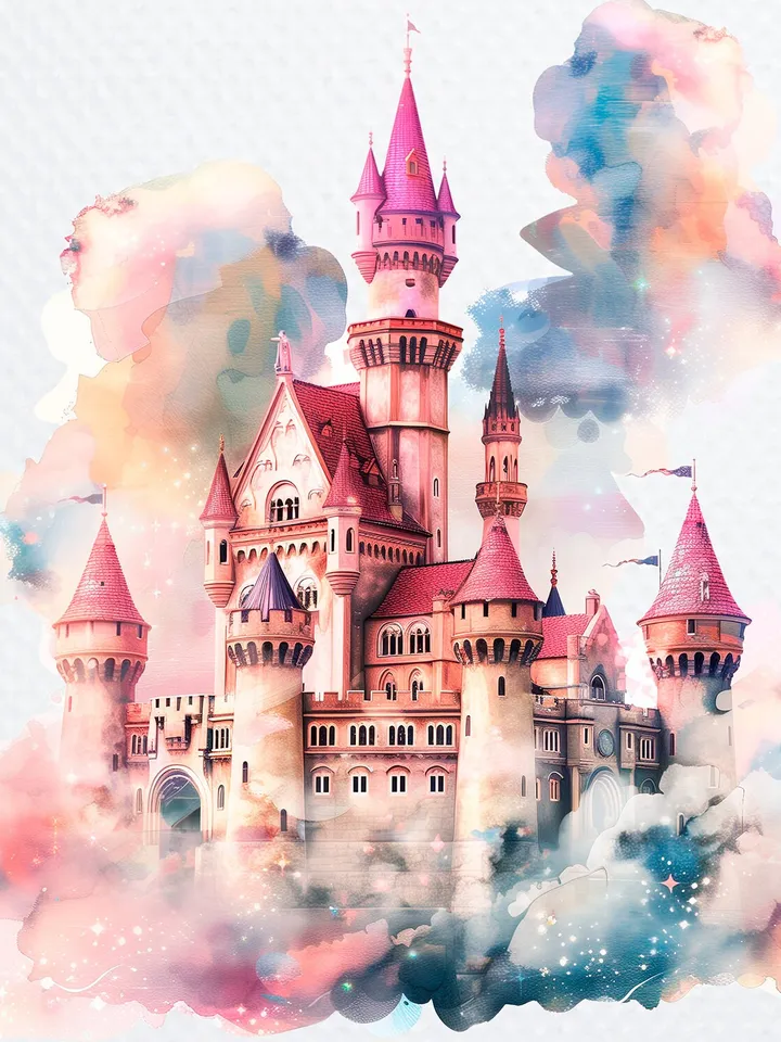 12 Princess Castle PNG Clipart, Watercolor Princess Castle In the clouds for sublimation, Princess Castle Paper craft, Junk Journals