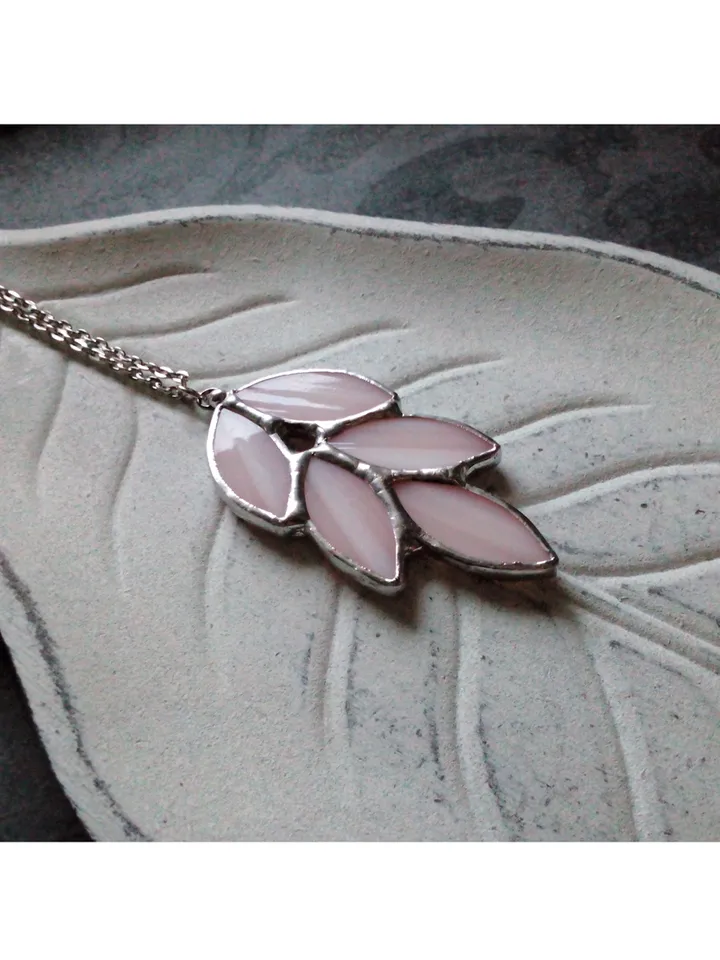 Glass spike necklace, Stained glass necklace, Leaves art deco necklace, Leaf branch pendant, Elven fairy jewelry