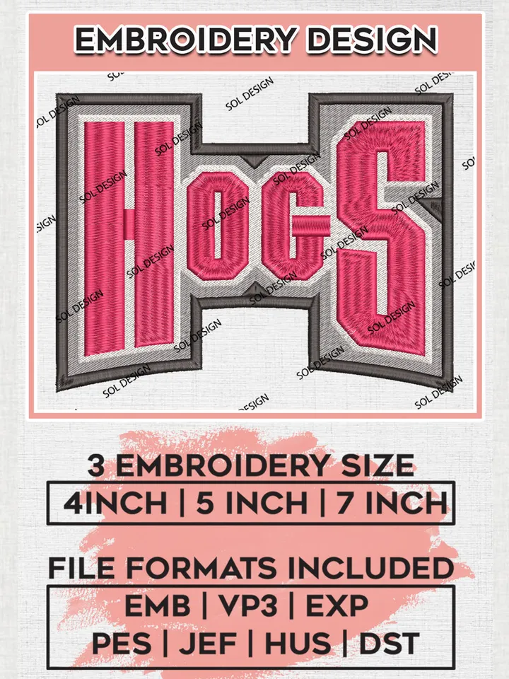 NCAA Hogs Team Wordmark Logo Embroidery Design Files, NCAA Arkansas Razorbacks Machine Embroidery, NCAA Teams, 3 sizes, NCAA Machine embroidery designs, Digital Download
