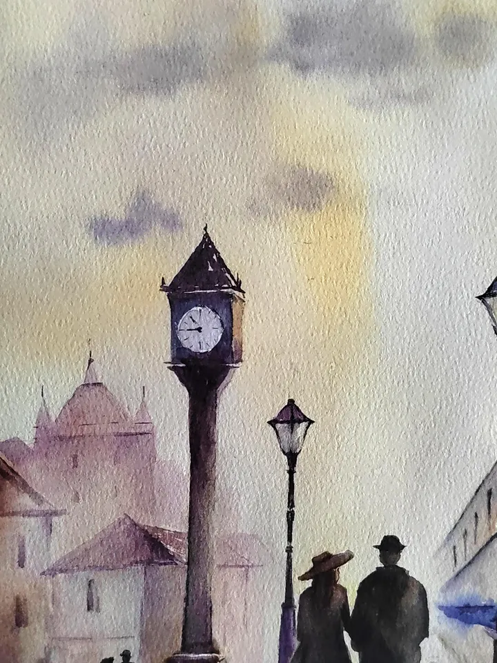 Railway Station Artwork Original Watercolor Painting Vintage Train Art 10.63x14.57 in by Art Café