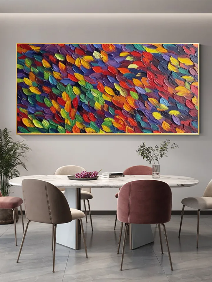 Original Rainbow Impasto Painting, Textured Abstract Art, Colorful Wall Art, 3D Canvas Art, Leaf Painting, Modern Art, Large Wall Decor