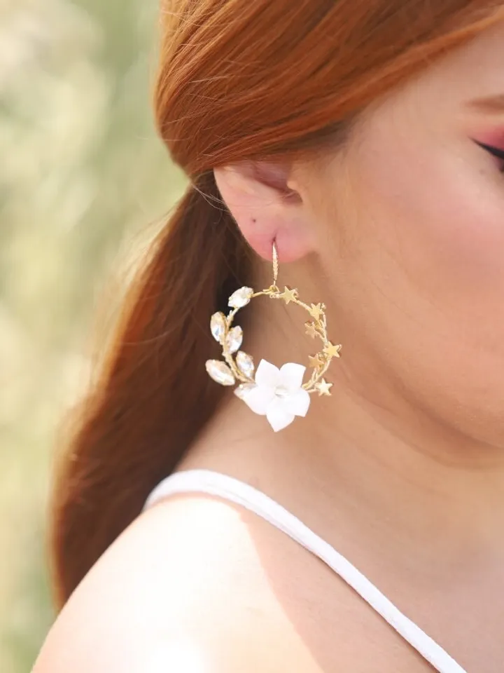 Hoop Star Celestial Gold Wedding Earrings, Porcelain Flowers Bridal Earrings, Swarovski Crystal Statement Wedding Jewelry, Boho Jewellery