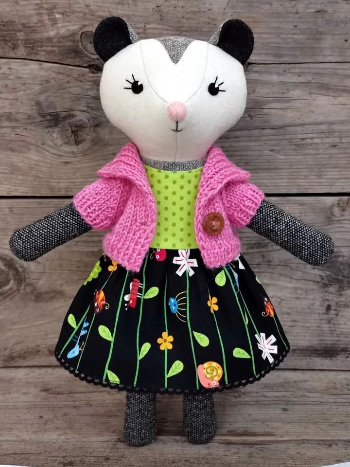 Gray possum girl, plush animal doll, wool stuffed opossum toy
