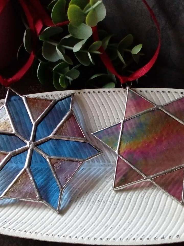 Set of 2 snowflake suncatchers, christmas ornaments, simple stained glass, Christmas decorations, Xmas tree star
