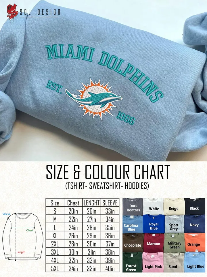 Miami Dolphins Est 1966 Embroidered Sweatshirt, NFL Embroidered Sweater, NFL Miami Dolphins Shirt, Football Embroidered Hoodie, Unisex Game Day Crewneck, NFL Football Fan Gift Tee
