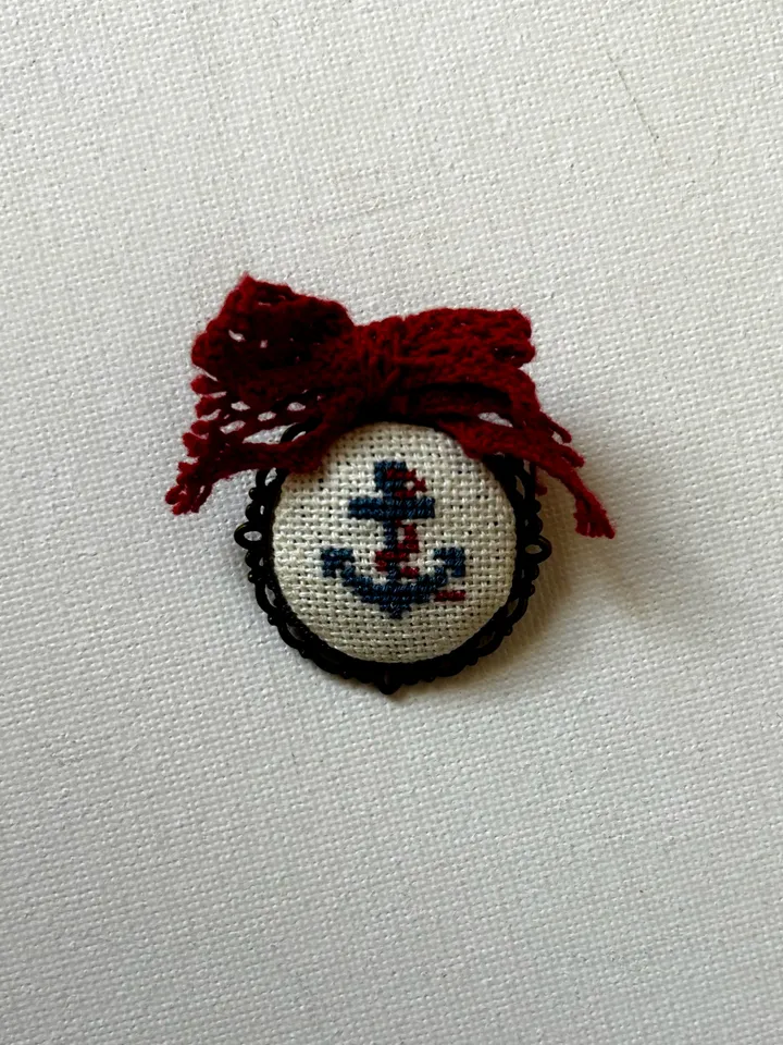 Brooch with embroidery, marine, anchor, petit point, birthday gift, Christmas gift