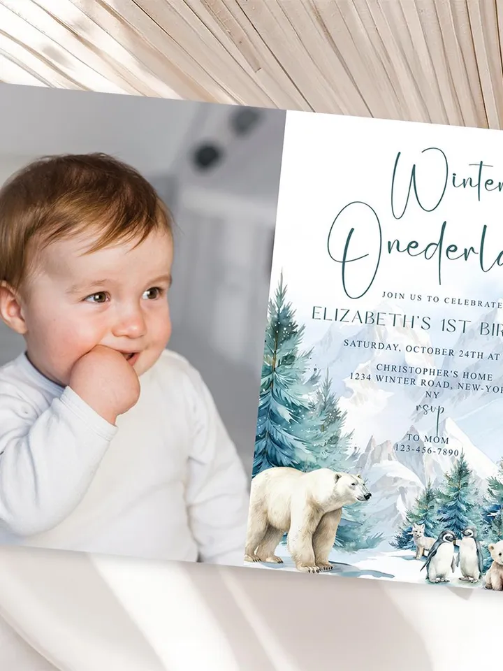 Winter Onederland 1st Birthday Invitation, Snow Woodland 1st Birthday Invite, Winter Onederland, Printable 1st Birthday Invitation - I132