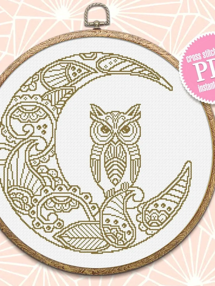 Crescent moon cross stitch pattern download PDF Mandala pattern PDF, Monochrome embroidery beginner, Owl cross stitch chart, Home decor #M95