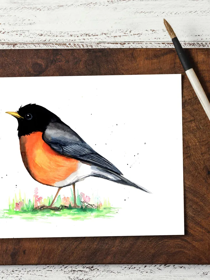 Robin original watercolor, bird on the grass painting, bird portrait room decor, 8x11 in wall art for bird lovers handmade by Anne Gorywine