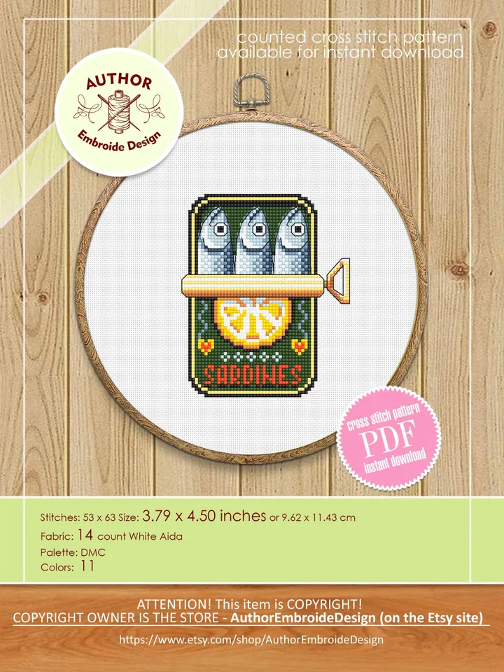 Sardines in a can cross stitch pattern PDF download Tinned sardines cross stitch chart, Small fish pattern digital, Funny kitchen decor #F25