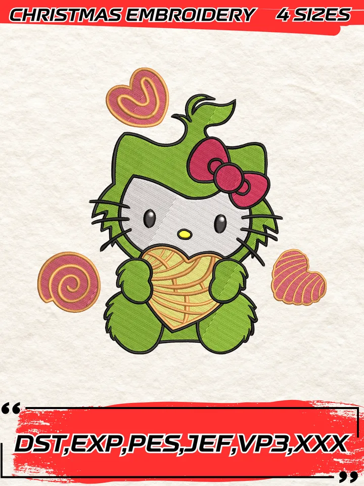 Hello Kitty Grinch Concha Cake Embroidery Design,Grinch Christmas Embroidery Design,Christmas Embroidery Design,4 Sizes,Digital Download