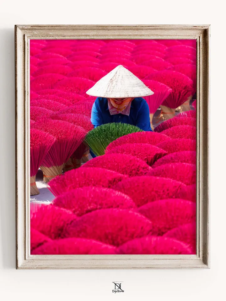 Vietnam Culture Poster | Vibrant Pink Wall Decor | Asian Travel Print | Exotic Home Art | Vietnamese Traditional Life Print | Incense Sticks