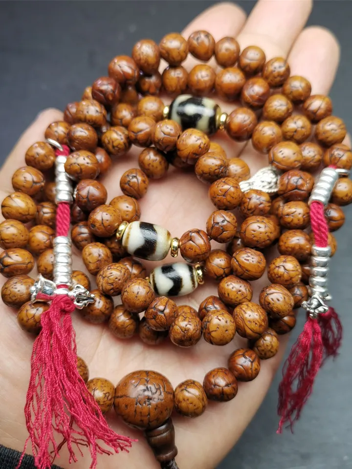 Gandhanra Old Tibetan Mala,Authentic 10mm 108 Dragon Eyes Bodhi Prayer Beads,with Dzi Spacer Beads,Silver Counters,40 Inches Length