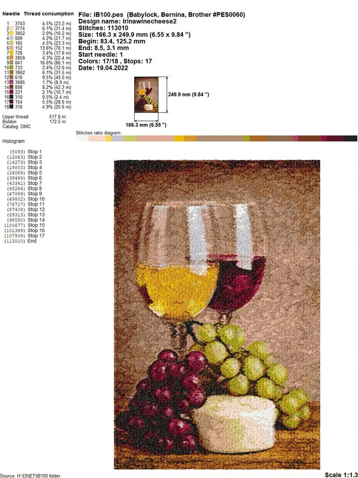 PhotoStitch Wine with cheese and grape machine embroidery designs digital embroidery pattern PhotoStitch Machine embroidery motif  food