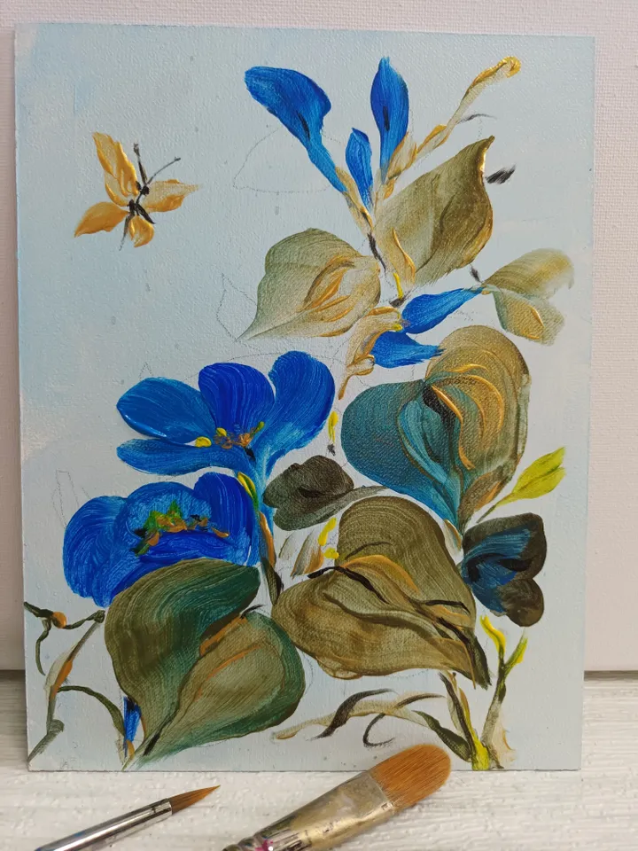 Painting "Butterfly and bindweed." Painting on cardboard 6"x 8". Acrylic. Author's painting.