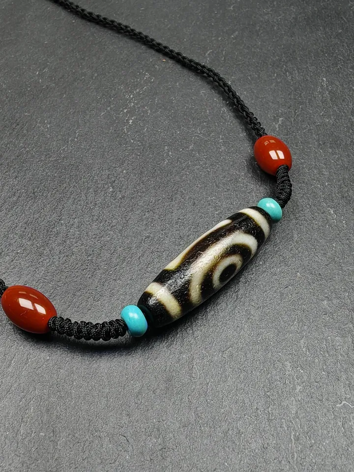 Gandhanra Antique Tibetan Dzi Bead Necklace,2 Eyes Heaven & Earth Dzi Amulet,36 x 11mm,40 Years Old