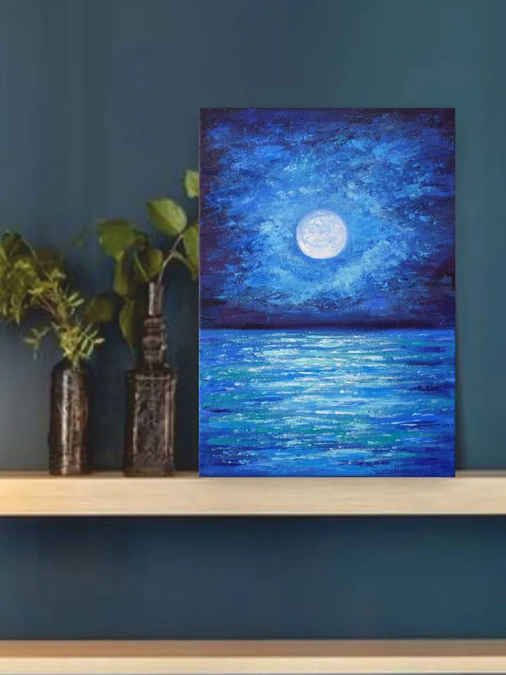 Seascape painting Moonlit night art original oil painting Full moon Night ocean artwork 12 by 8.3 inch by Juliya JC