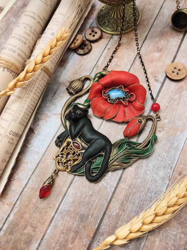 Poppy red necklace, Poppy pendant, Panther necklace, Black Panther, Panther pendant