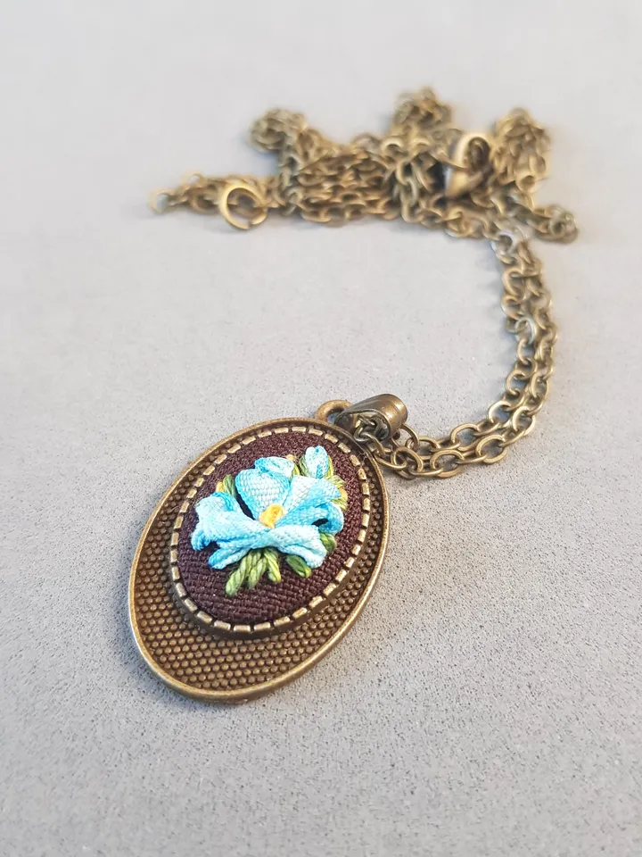 Ribbon embroidered pendant for her, blue jewelry embroidery