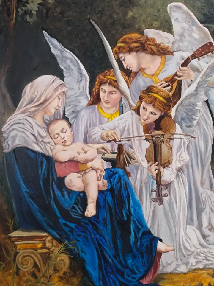 Angels oil painting Virgin Maria and Christ painting Religious inspiration Figurative art Bouguereau copy