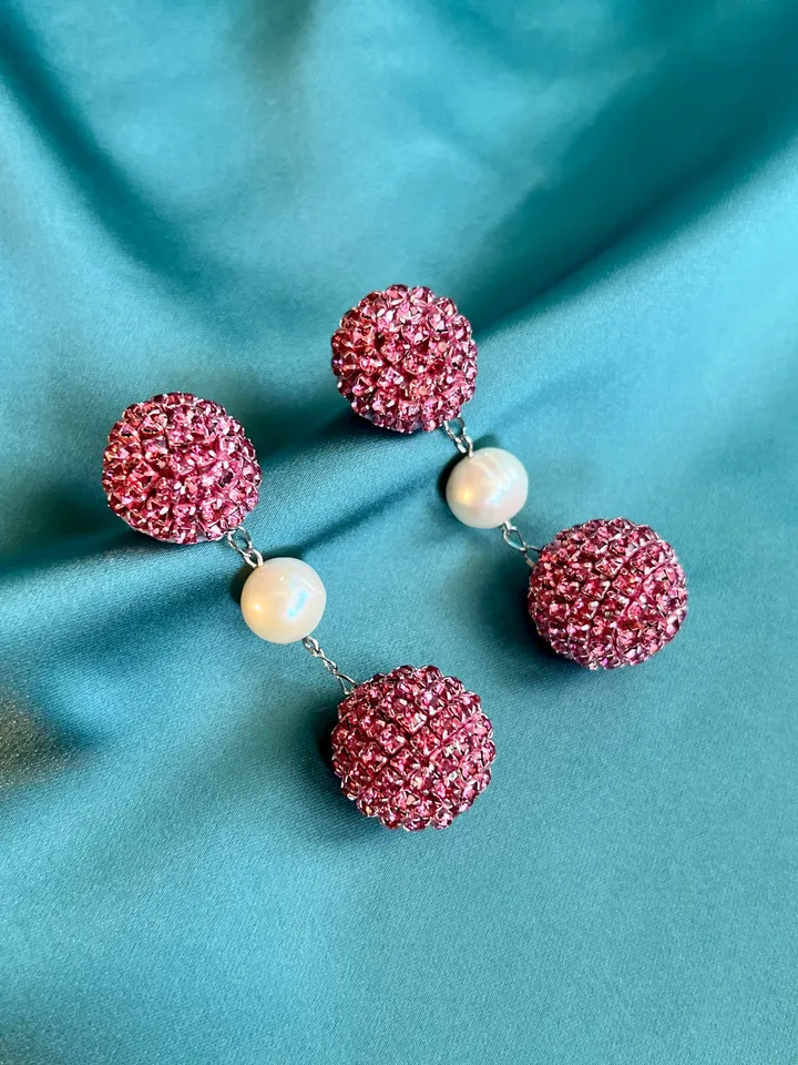 Crystal Balls and natural pearl on Chain Earrings