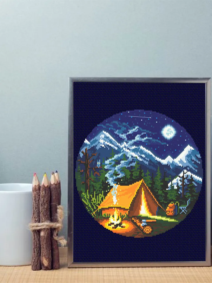 Nature landscape cross stitch pattern download PDF Camping tent embroidery PDF Travel Adventure awaits xstitch chart Nature lover gift #L1
