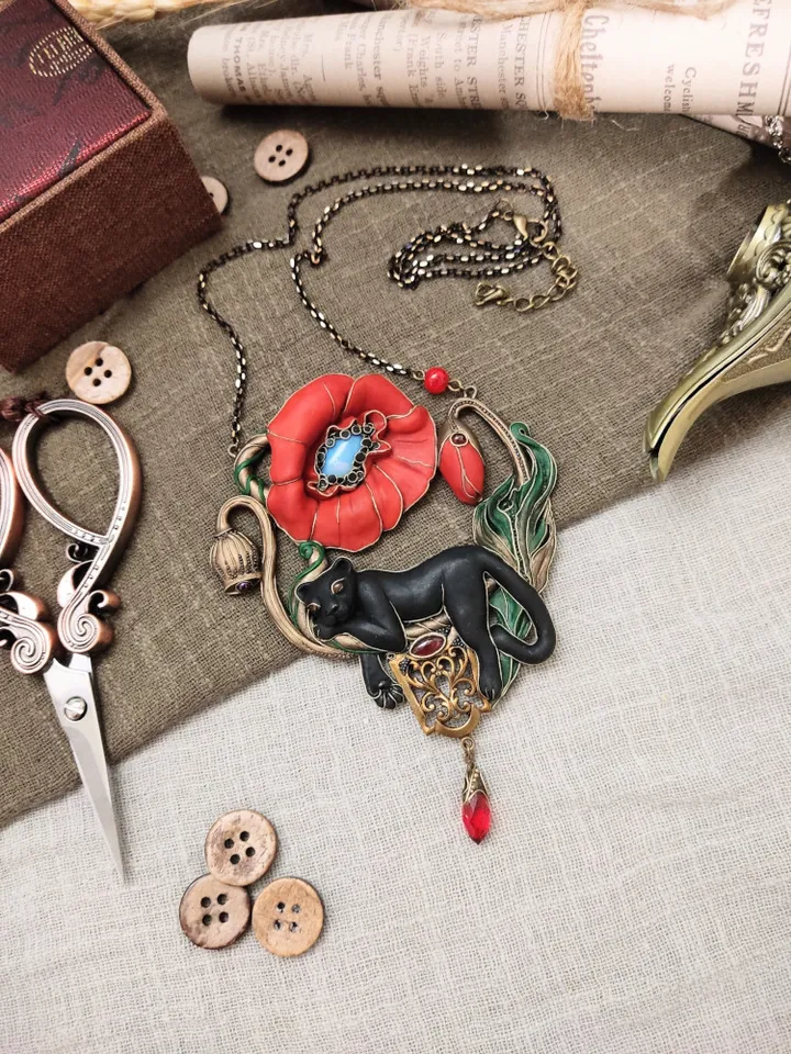 Poppy red necklace, Poppy pendant, Panther necklace, Black Panther, Panther pendant
