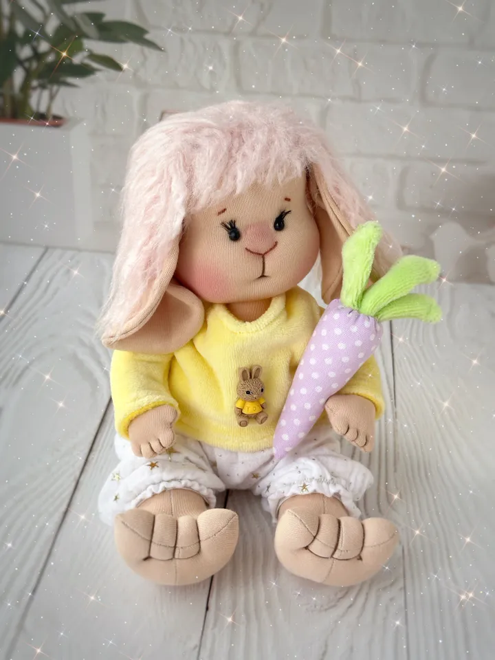 Lovey bunny toy. Handmade cute stuffed rabbit with clothes and carrot. Soft rag bunny doll for Easter gift.