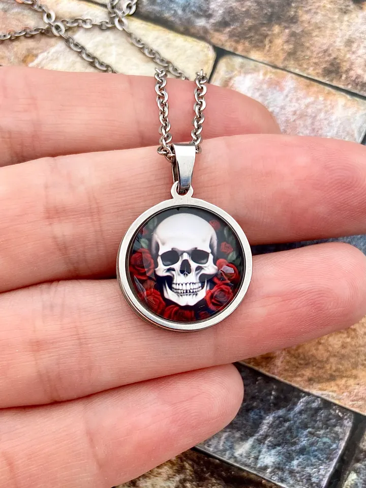 Skull with red roses, steel pendant with glass, Skull lover gift