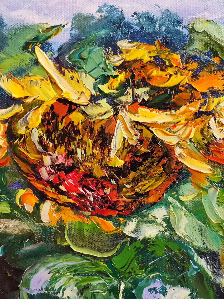Oil Painting Field Sunflowers Landscape Impasto Original Artist Svinar Oksana