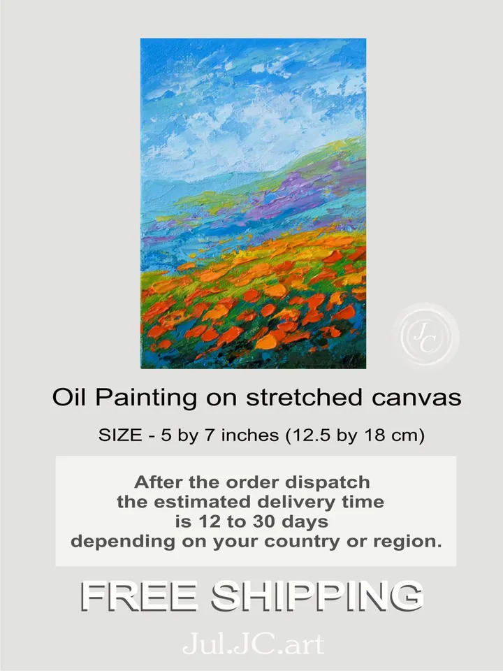 California poppies painting Mountain Landscape Small Original Art 5 by 7 in Wildflower Painting by Juliya JC