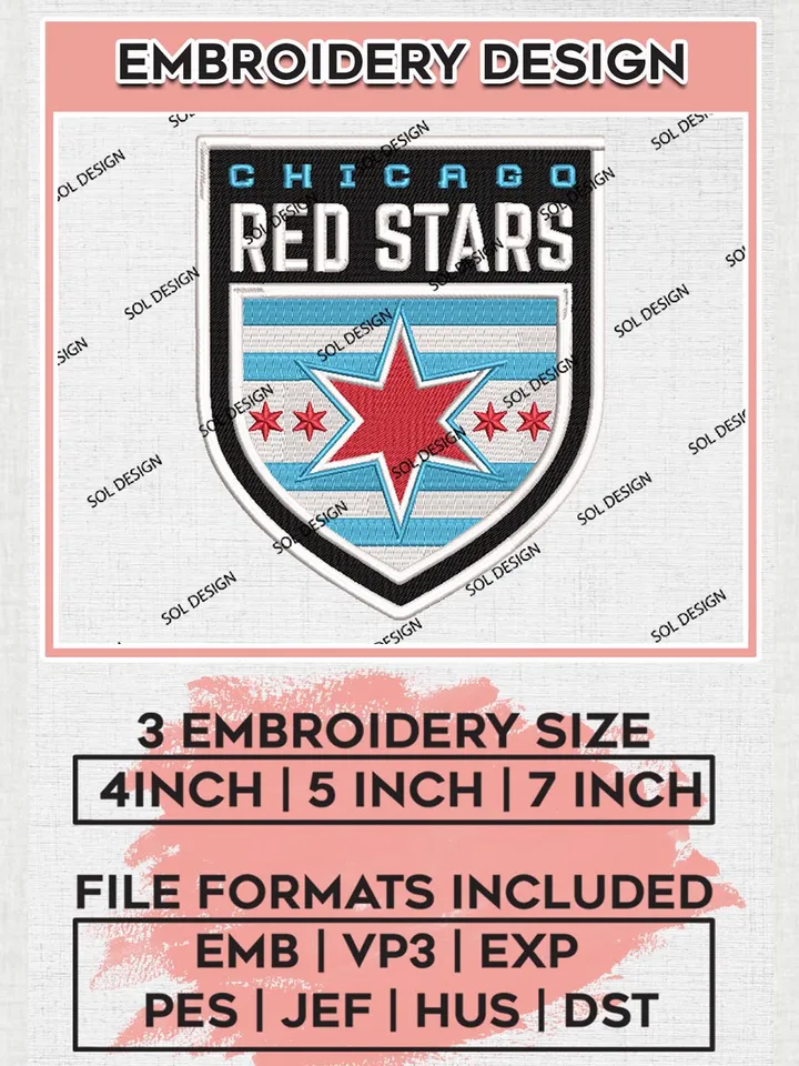 NWSL Chicago Red Stars Logo Embroidery Designs, NWSL Chicago Red Stars Machine Embroidery Design, Football Team Logo Embroidery Files, NWSL Team, 3 sizes, Machine embroidery Files, Digital Download