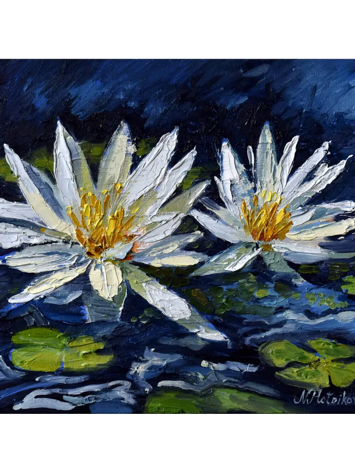 Water Lily painting Lotus Original Art Floral Artwork impasto oil painting