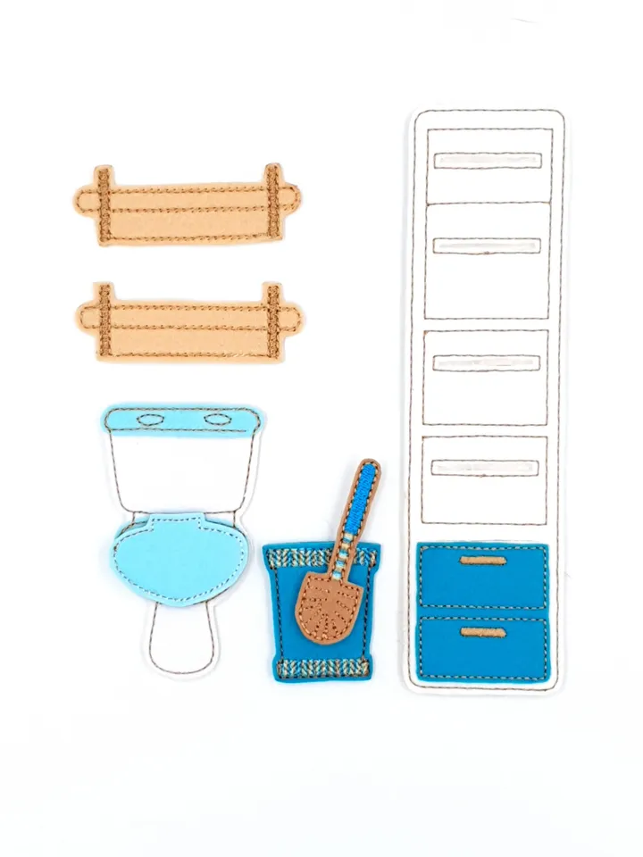 ITH Felt Dollhouse Bathroom Furniture Set | Miniature Toilet Cabinet Shelf Pattern | Embroidery Design 5x7 Hoop