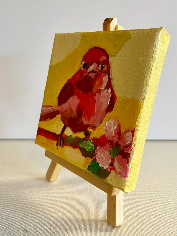 Red Summer Tanager Painting, Bird Original oil Painting on Canvas, Wildlife Art, Miniature Artwork 4"x 4"