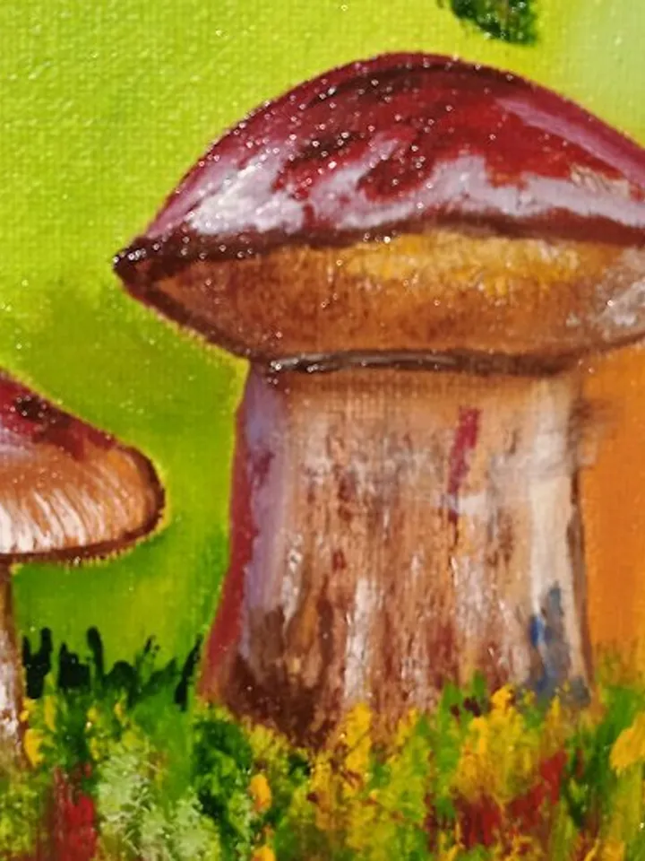 Autumn Landscape Mushroom Art Decor for Children Original Oil Painting Bright