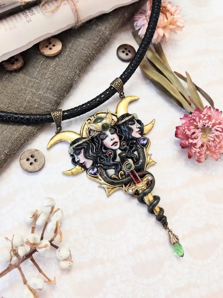 Necklace Hekate, Goddess of the moon pendant, Three-faced Goddess Hekate