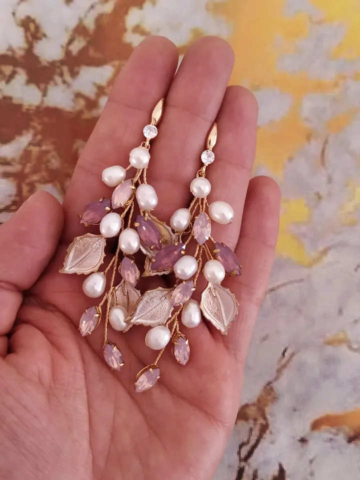 Freshwater pearl Purple Opal Wedding Headband and Earrings Jewelry Set, Grecian Style Laurel Bridal Tiara, Gold Wedding Crown, Boho Jewelry