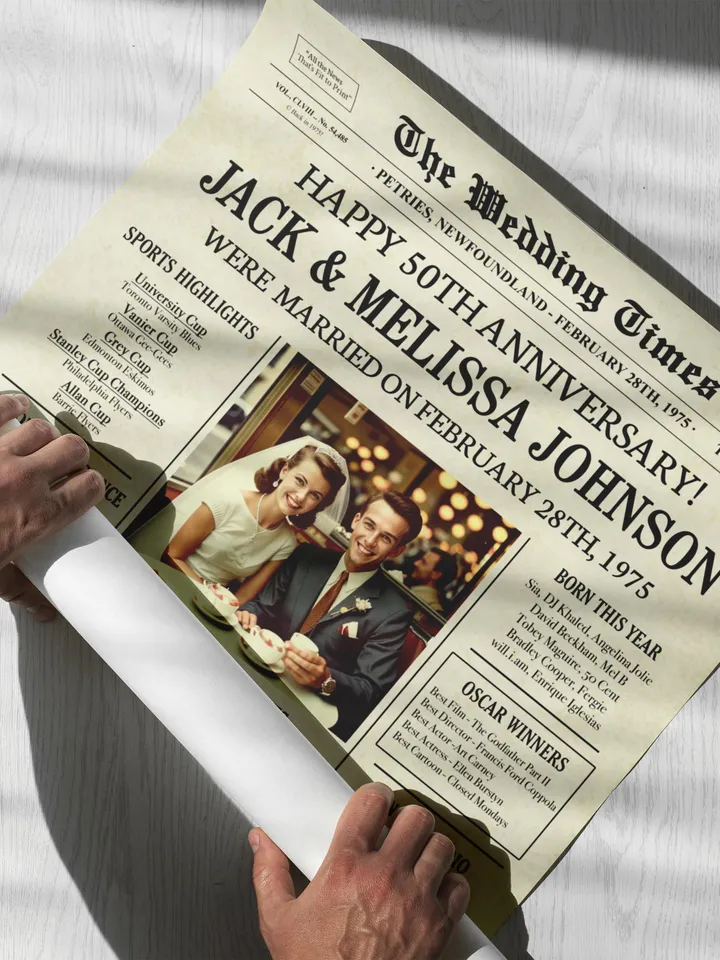 50th wedding anniversary gifts, 50th anniversary gifts for parents, 50th anniversary newspaper, 1975 wedding anniversary gift for him CANADA
