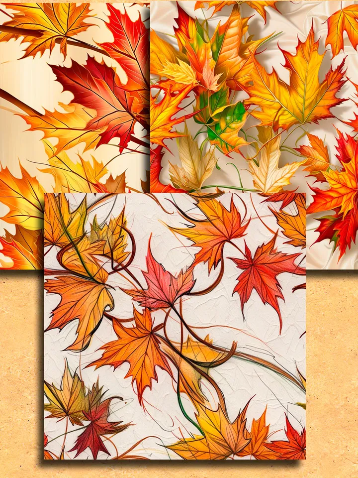 Autumn leaves, enchanted forest seamless 12 pieces pattern Unlimited Commercial Use digital print file instant download