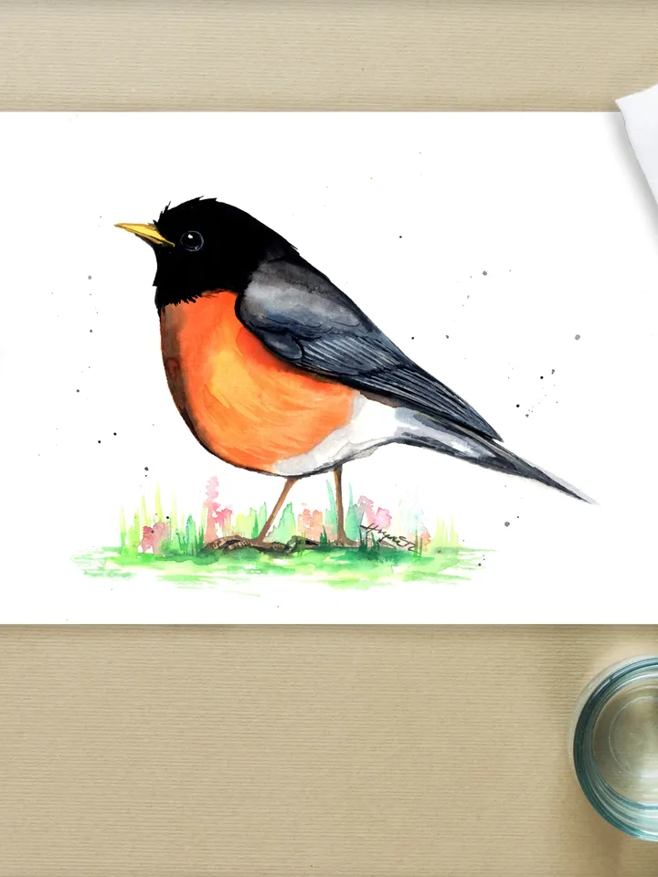 Robin original watercolor, bird on the grass painting, bird portrait room decor, 8x11 in wall art for bird lovers handmade by Anne Gorywine
