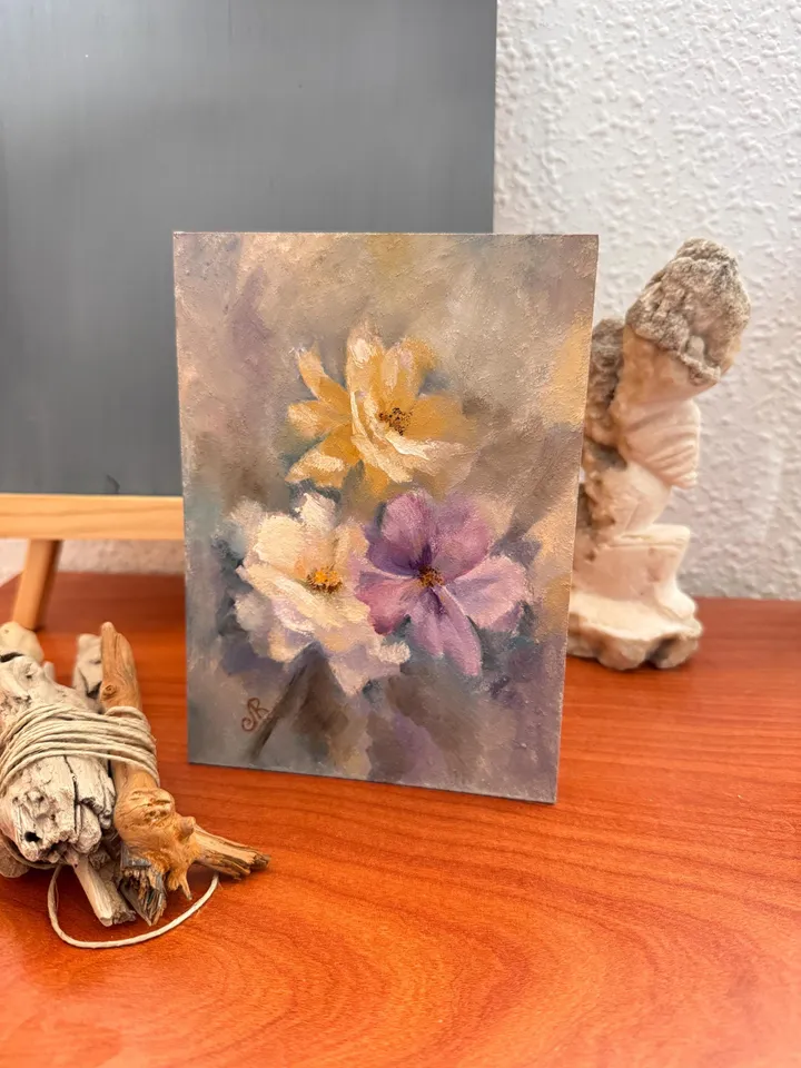 Flowers Original Painting Framed Painting Shabby Chic Painting Floral Wall Art
