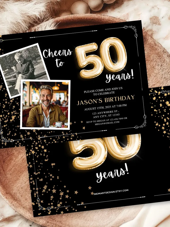 50th Birthday Invitation with Photo Adult Women Men Cheers to 50th Birthday Invite Black and Gold Party Card for Grandma Canva Template