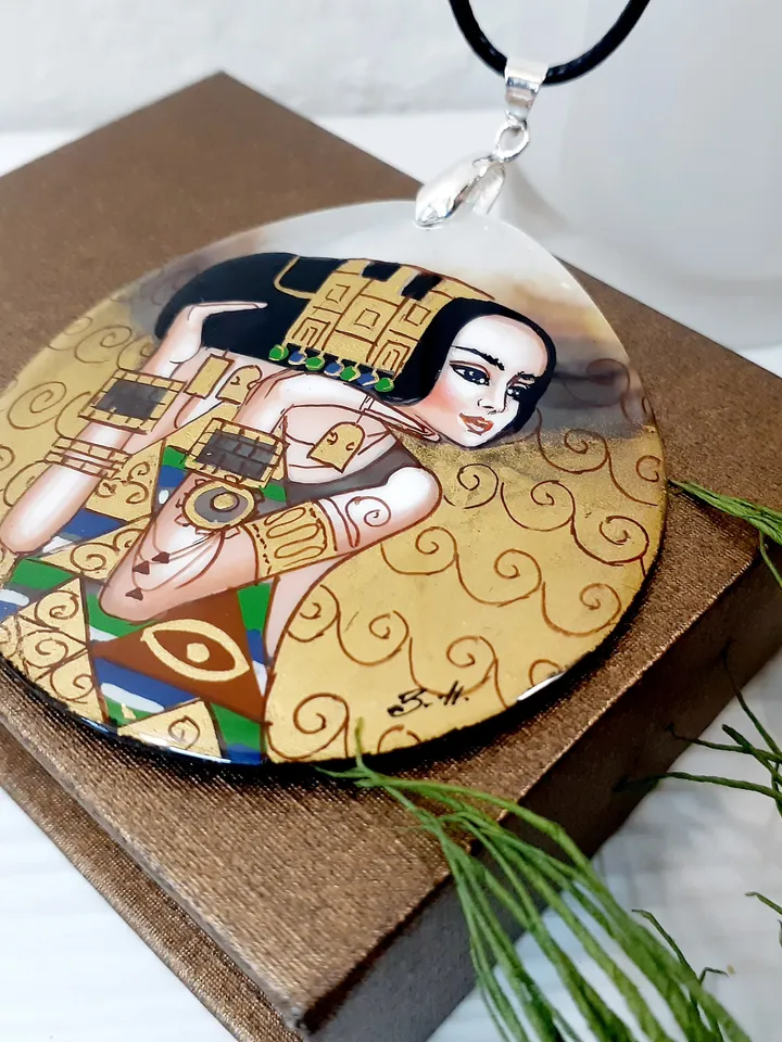 Klimt necklace "The Waiting" Gustav Klimt pendant Hand paint necklace pendant Hand painted miniature painting