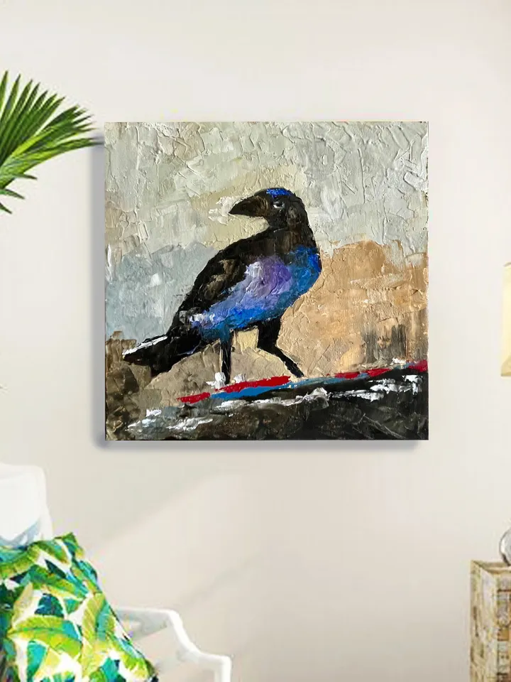 Crow painting, Original bird oil painting on canvas,  Raven wall art, Gothic home decor